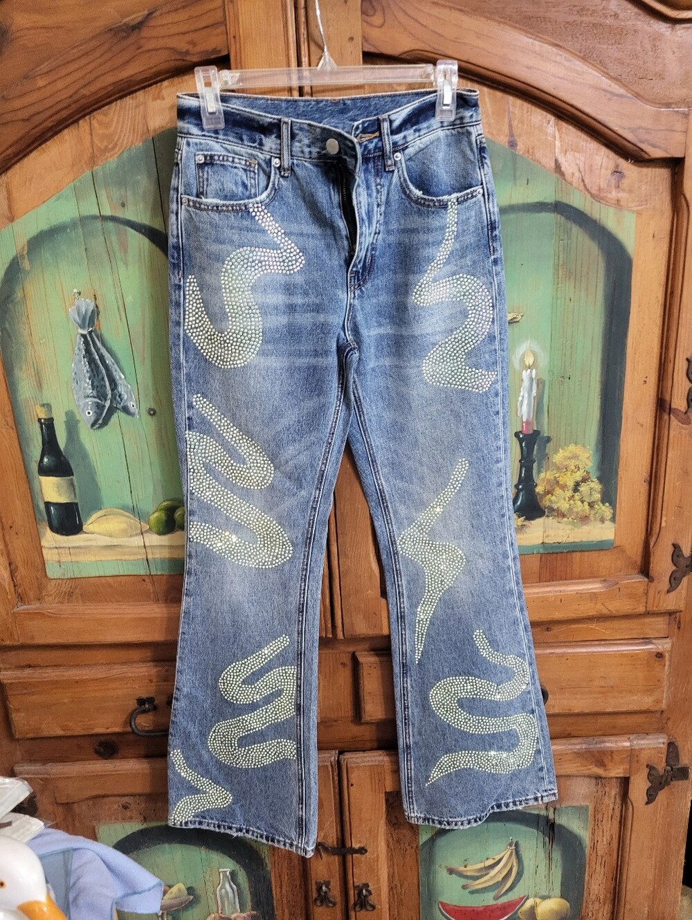 Women's Blue Rhinestone Snake Detail Jeans